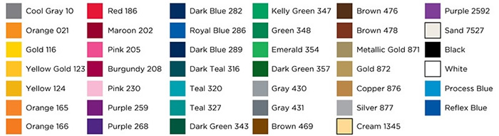 Auto Tumbler Imprint Color Chart